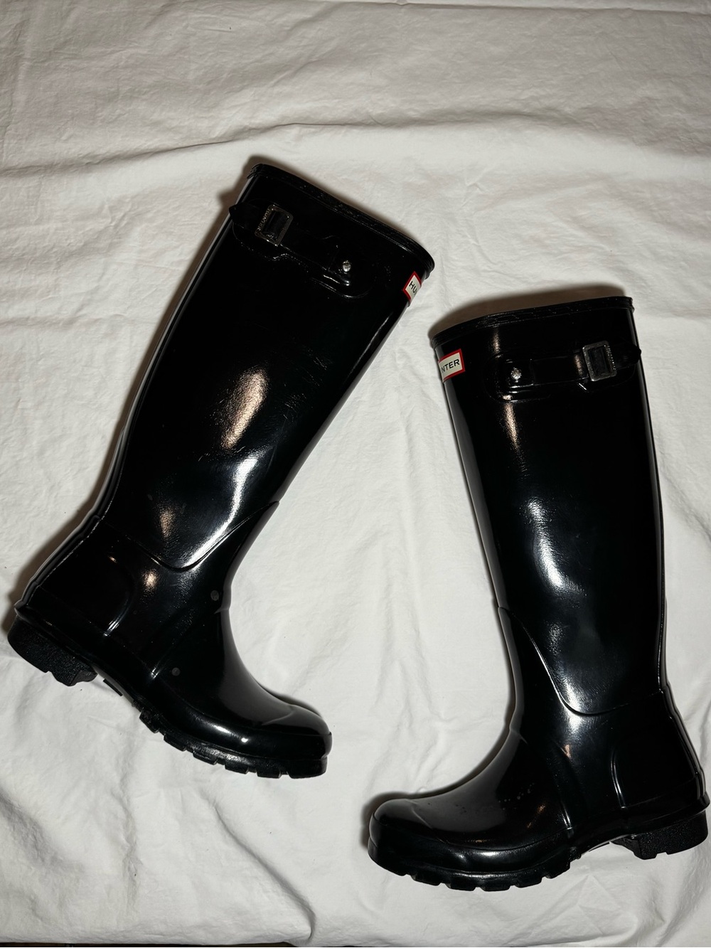 Hunter Glossy Black Knee-High Rain Boots with Buckle Women’s Size 6